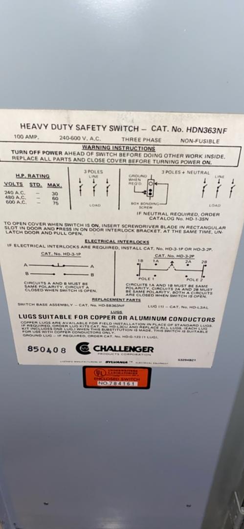 100A CHALLENGER Heavy Duty Safety Switch HDN363NF(S6LLST3822)