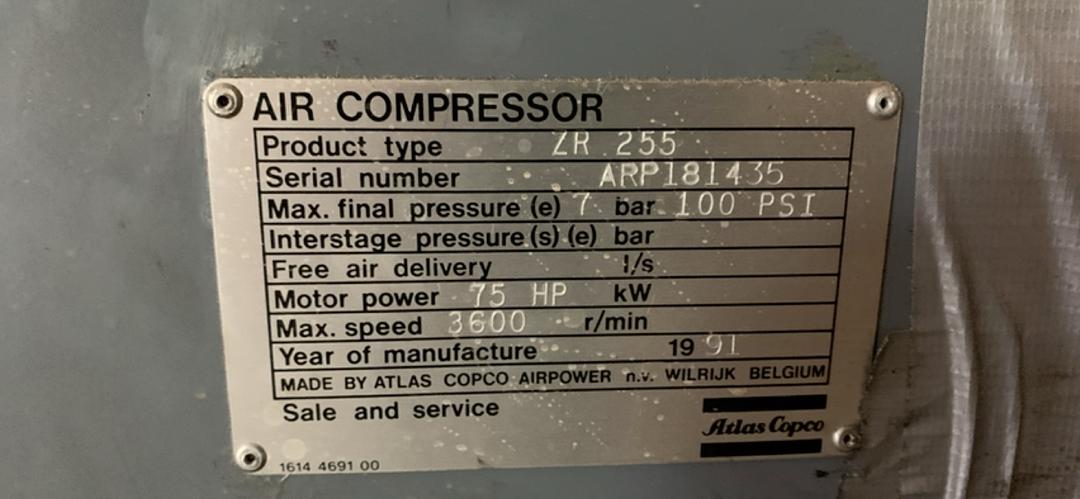 ZR255 75HP ATLAS COPCO Industrial Air Compressor (S6LLST6594)