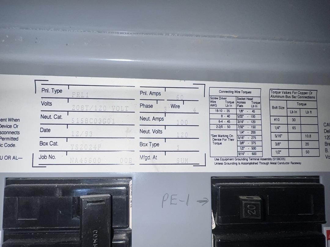 PRL1 60A 120/208V Panelboard Loaded w/ Main Neut. 100A(S6LLST13347)