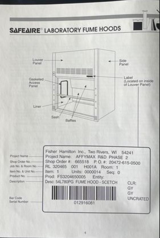 8' Fume Hood Hamilton SafeAire Ducted(S6LLST7498)