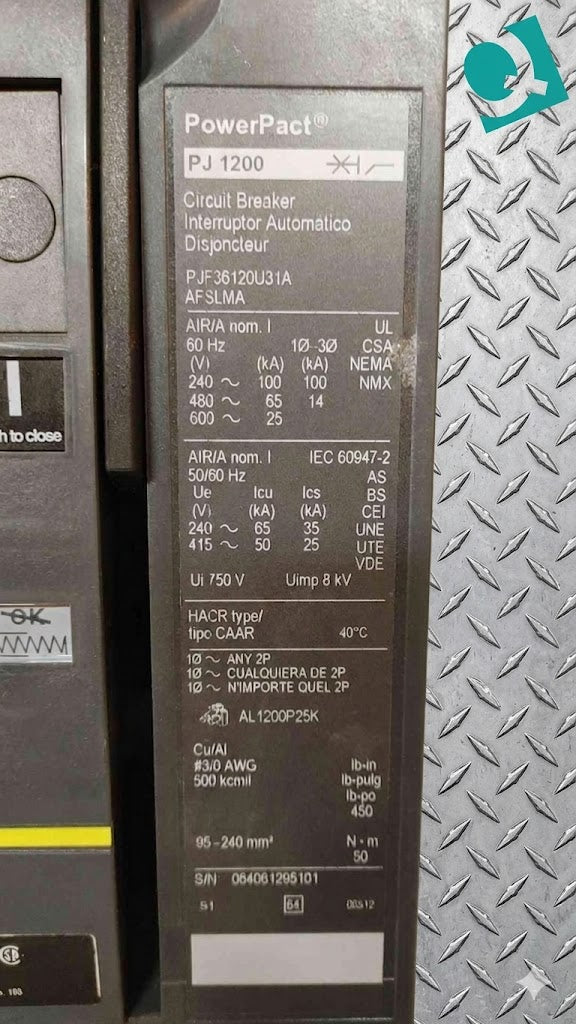 Square D 1200A Circuit Breaker PJ1200 PowerPact PJF36120U31A