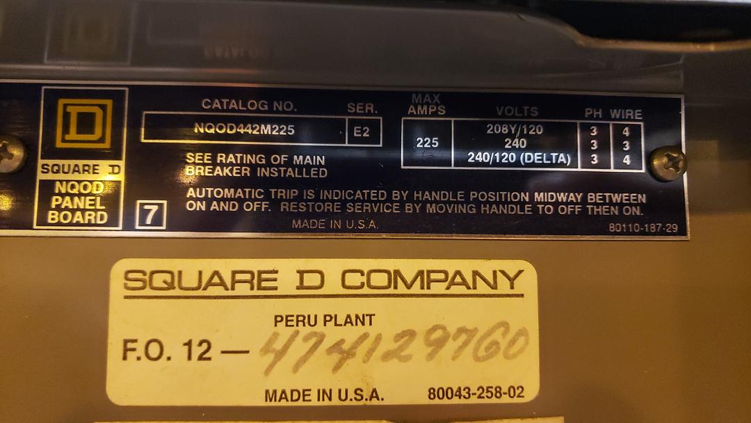 225A 240V NQOD Square D Panelboard 3PH Loaded(S6LLST11870)