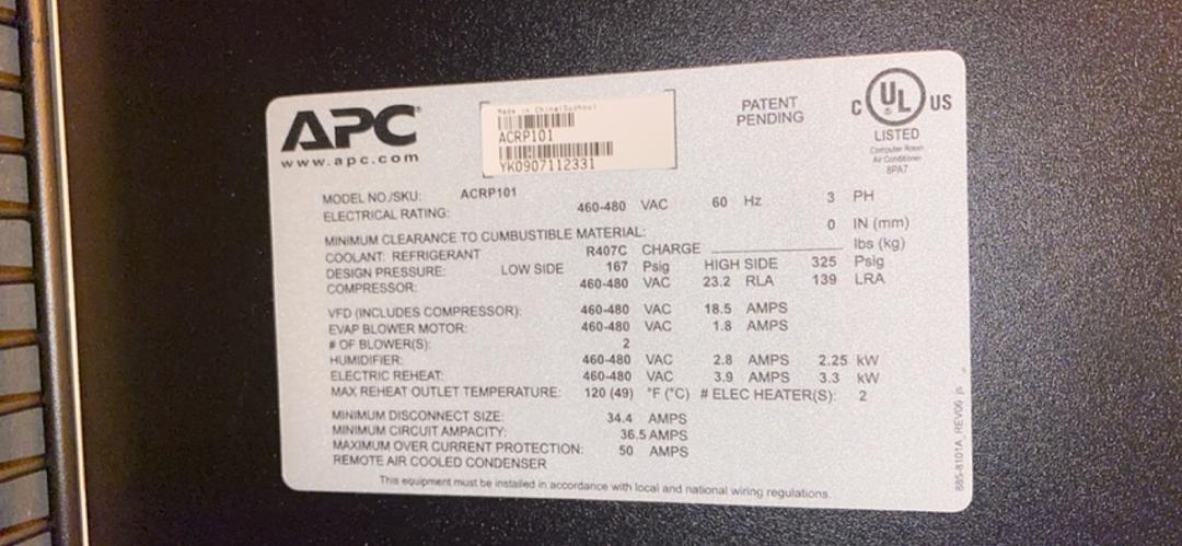 2009 ACRP101 AC APC InRow RP DX Air Cooled, 480V, 60Hz(S6LLST3780)