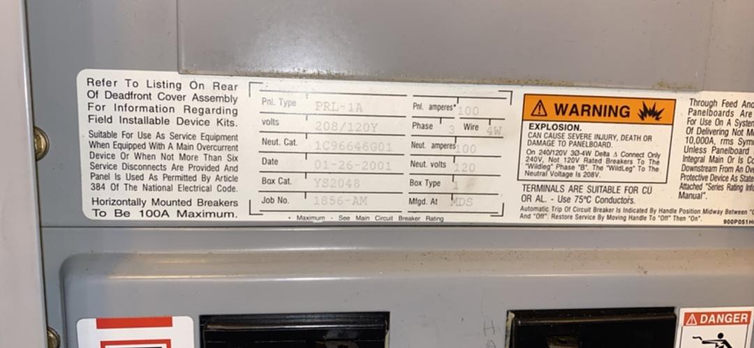 Cutler Hammer 100A Panelboard 208/120v PRL1A(S6LLST3831)