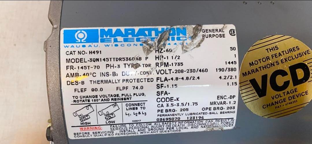 *Pickup Only* 1-1/2 HP Marathon Electric Motor H491 (S6LLST4694)