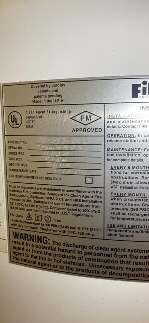Fike FM-200 Tank Cylinder - Empty - Can Hold 664 Lbs Agent(S6LLST5891)