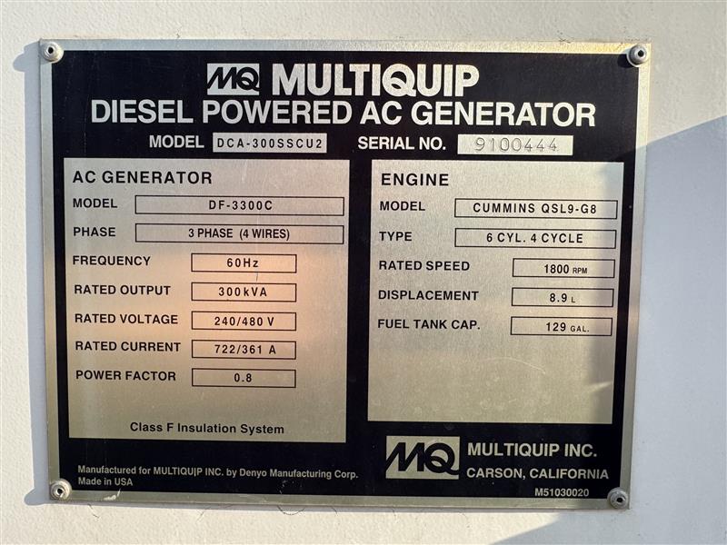 Good Used Cummins QSL9-G8 NR4 240KW Tier 2 Diesel Generator Set - DPC1085