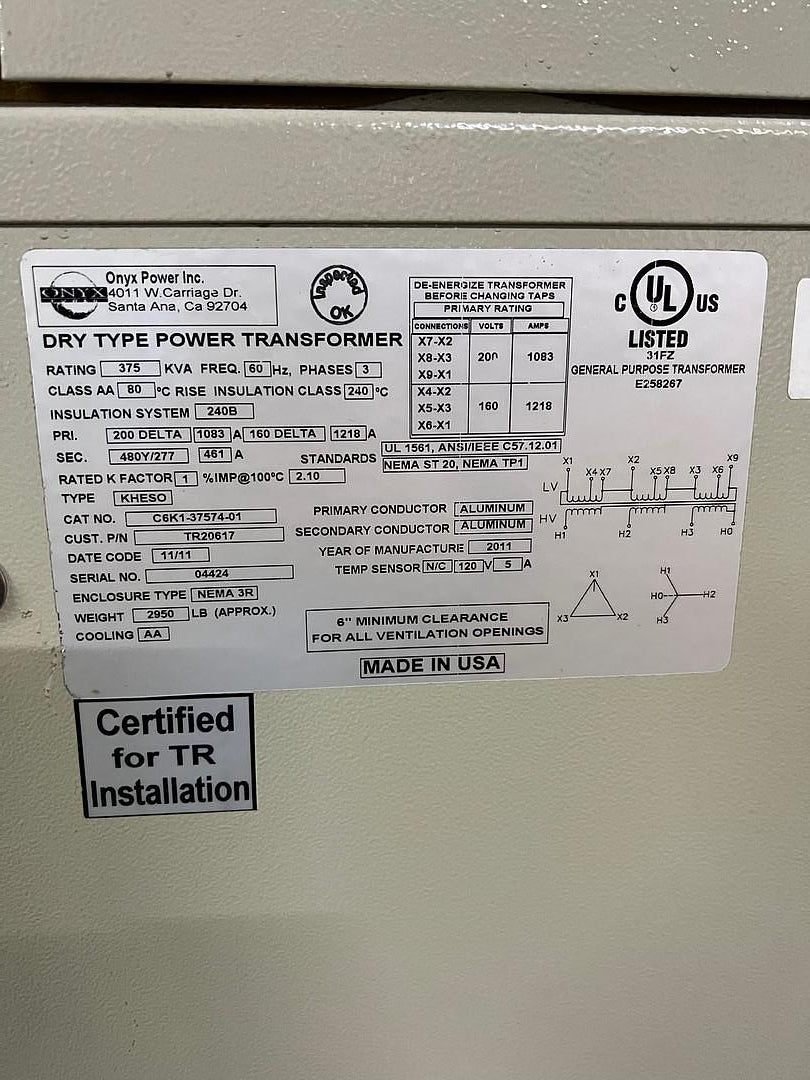 325KVA Onyx Transformer 200V Delta x 480Y/277(S6LLST7767)