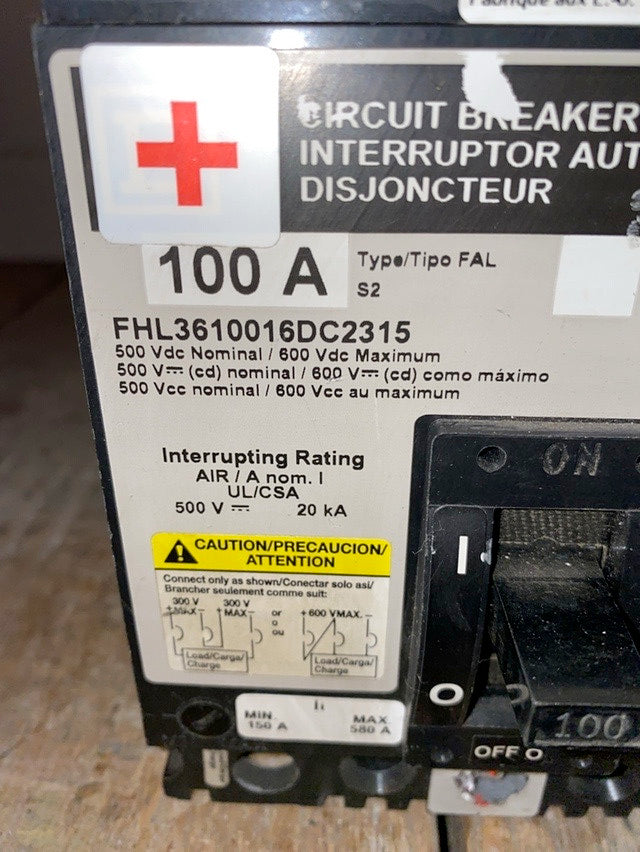 100A Square D FHL3610016DC2315 3 Pole DC Circuit Breaker(S6LLST1392)