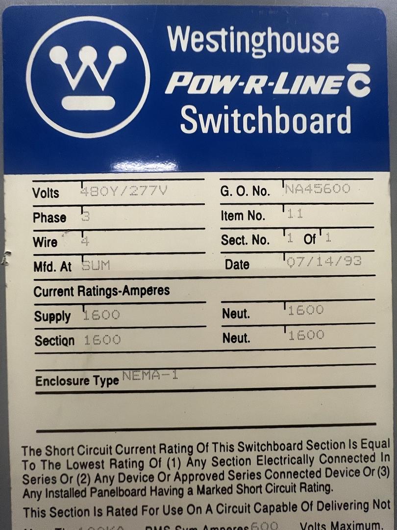 Pow-R-Line 1600A 3PH 4W 480V Switchboard Panelboard(S6LLST13150)