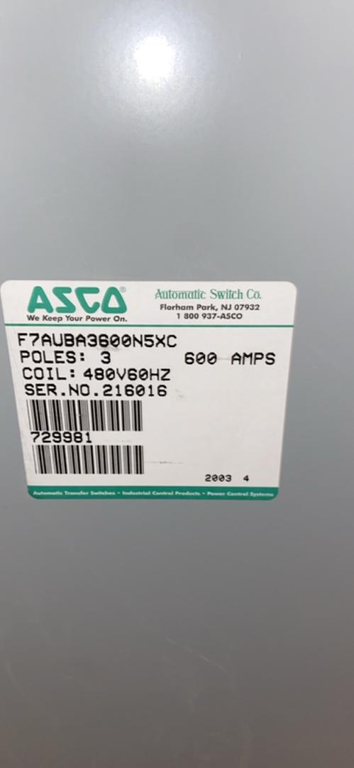 600A ASCO ATS 480V w/ 600A Service Entry Breaker(S6LLST1748)