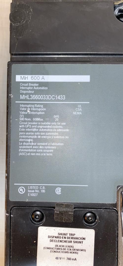 600A Square D Circuit Breaker MHL3660033DC1433(S6LLST5490)