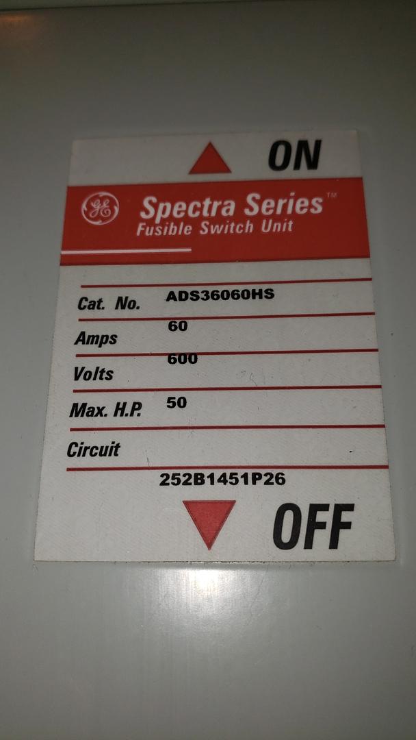 GE SPECTRA 60A FUSIBLE SWITCH ADS36060HS(S6LLST10043)