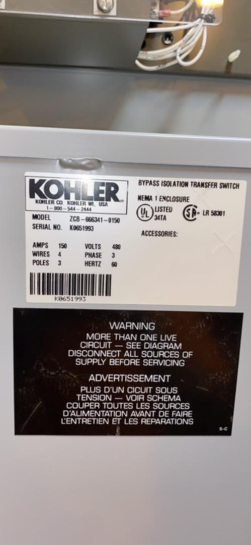 Kohler 150A 480V Bypass Isolation Automatic Transfer Switch ATS - 3PH 4W (S6LLST6156)