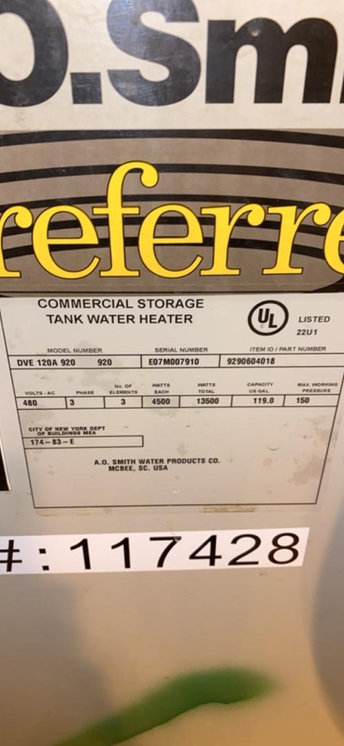 A.O. Smith Commercial Water Heater Tank DVE120A920(S6LLST3698)
