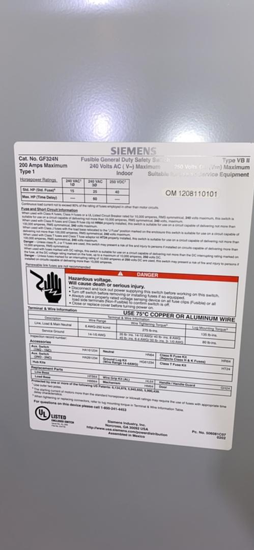 200A Siemens F General Duty Switch GF324N(S6LLST3641)