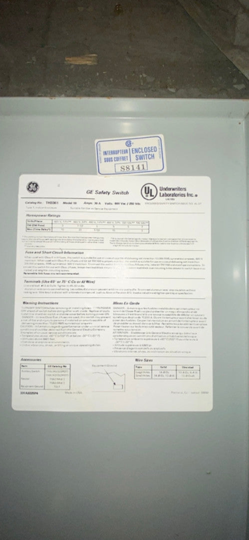GE Heavy Duty Safety Switch 30A 600VAC TH3361(S6LLST3075)