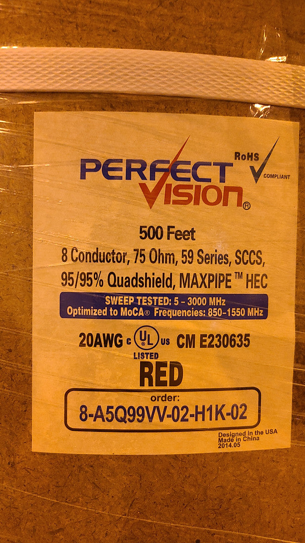 Perfect Vision 500 ft 8 Conductor 75 Ohm 95/95 Quadshield Spools MAXPIPE(S6LLST0821)