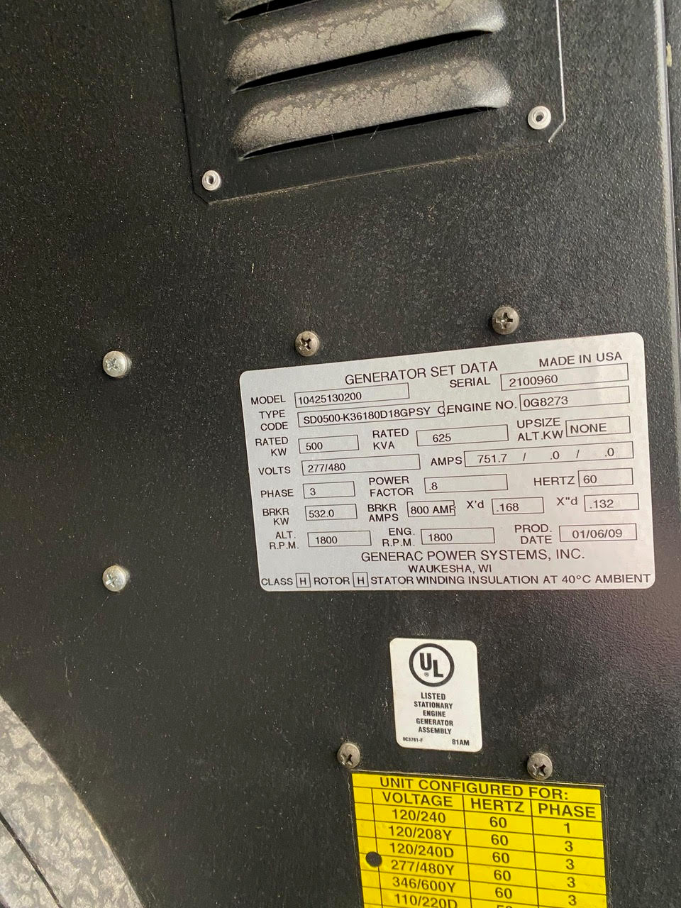 500KW Generac SD0500 Diesel Generator 277/480V 3ph 280hrs