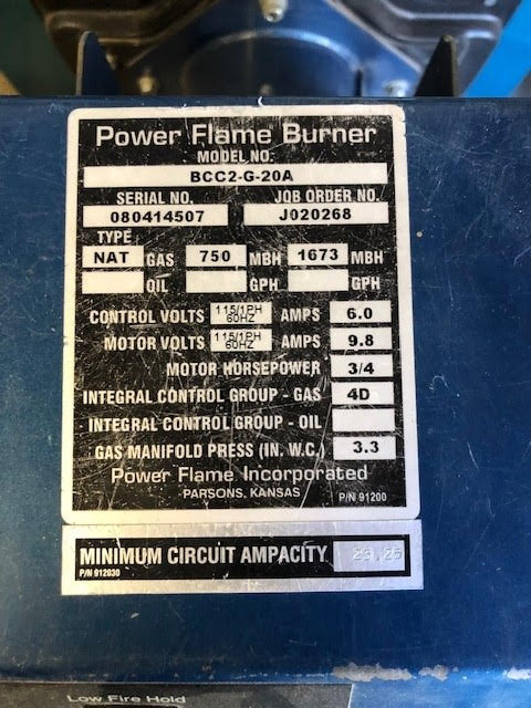 Burnham V909A Commercial Gas Boiler Power Flame BCC2-G-20A Burner Complete 1.6M