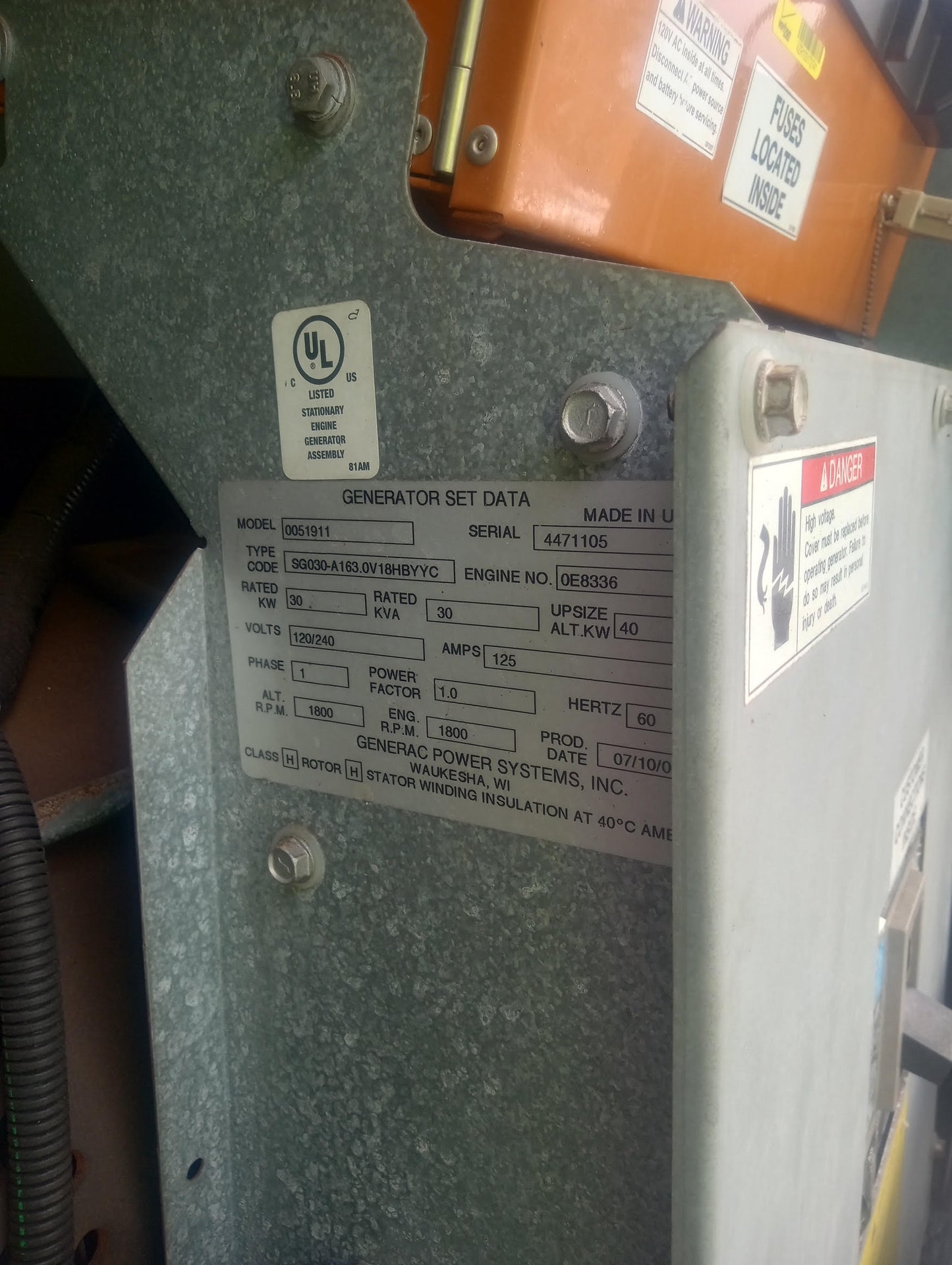 30KW Generac 0051911 120/240 125A 1PH Nat Gas LP Generator 428 Hrs. (SKU: 110291)