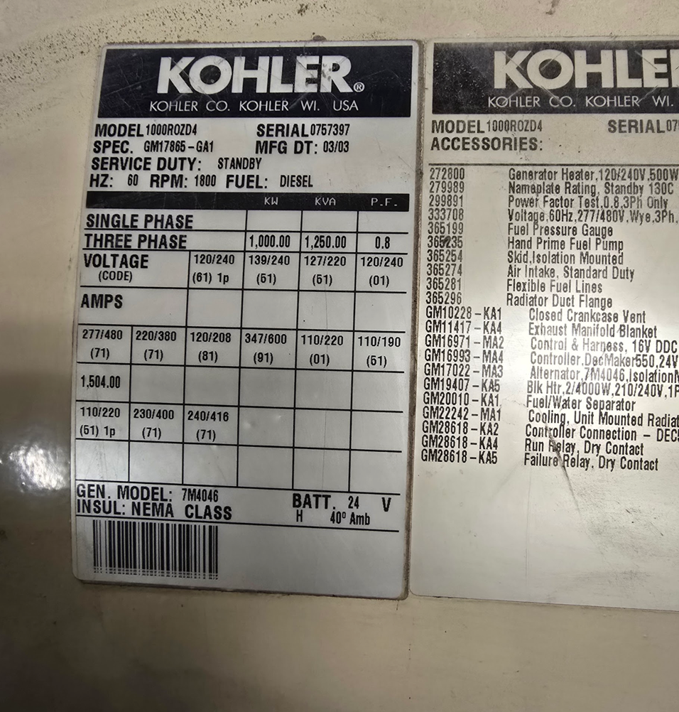 1000KW Kohler MTU Detroit 1000ROZDR Diesel Generator 3ph 277/480 70 & 300 Hrs '03 Series 2000