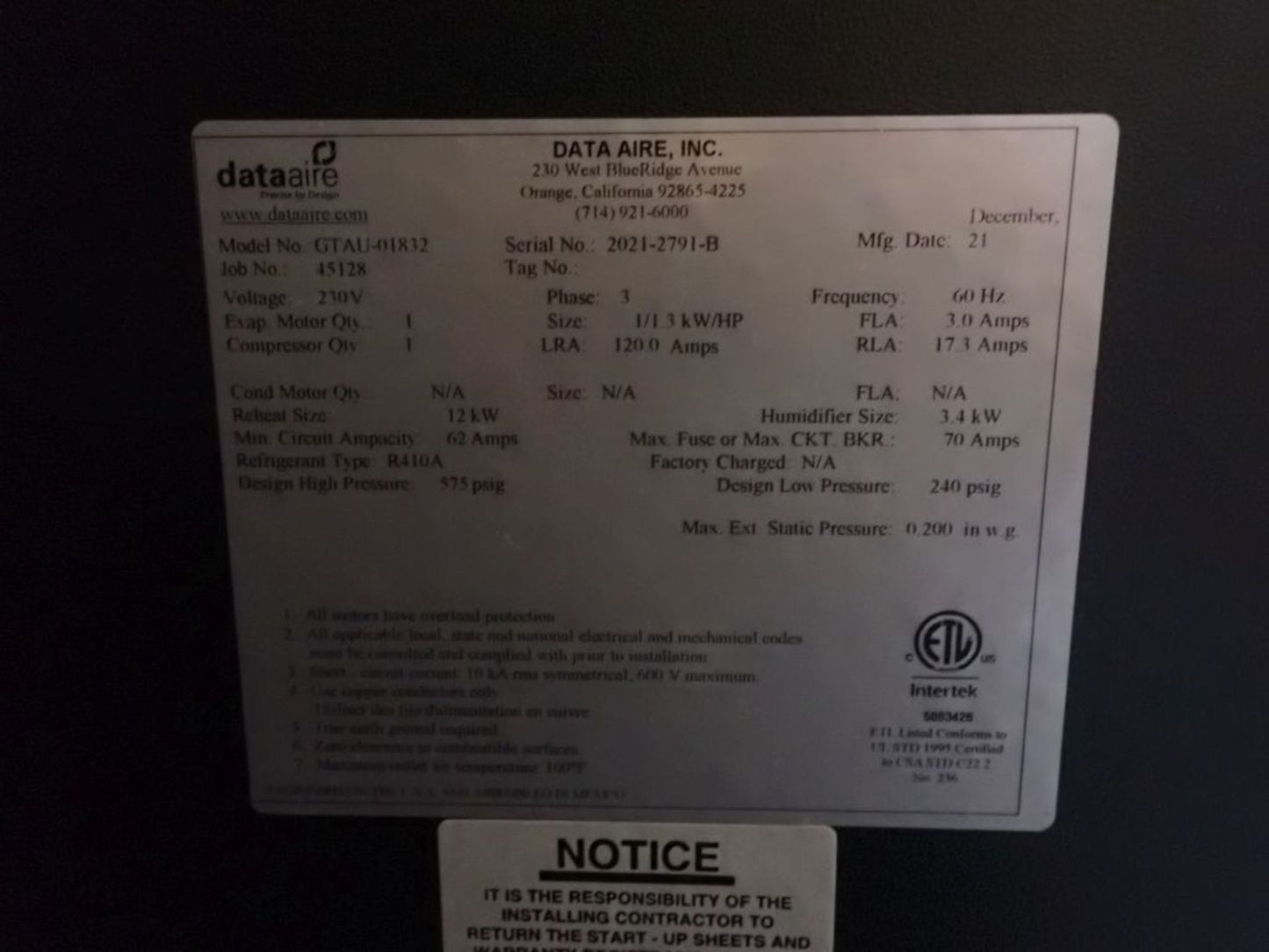 Data Air GTAU CRAC GTAU-01832 230V 3PH 1.3KW Computer Room AC