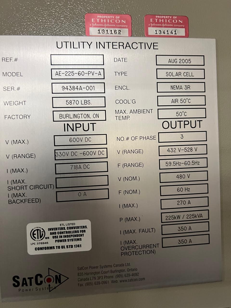 SatCon Power Systems Utility Interactive Solar Cell Inverter AE-225-60-PV-A