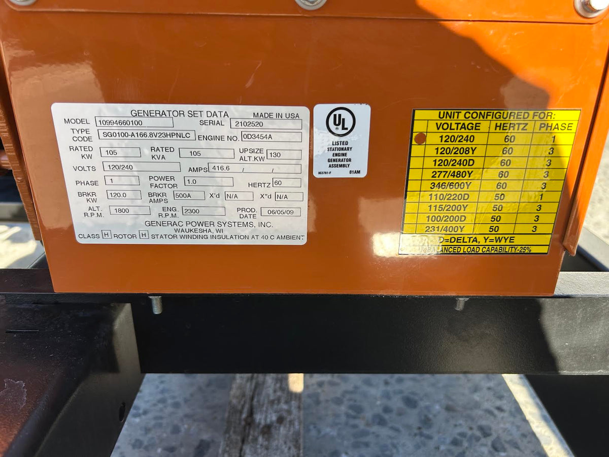 Generac 105 kW Natural Gas Generator 120/240V 1PH Skid Mounted SG0100 279Hr