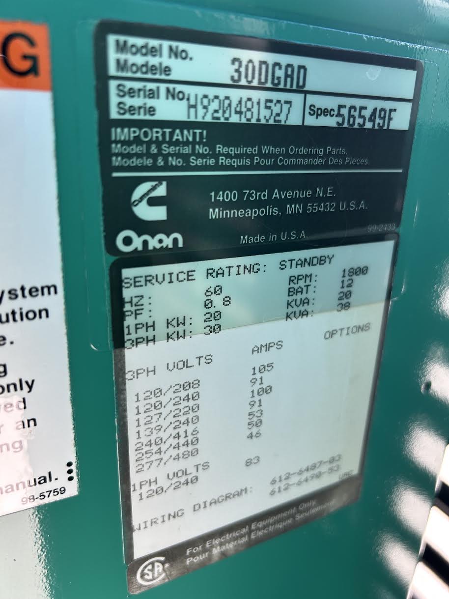 Cummins Onan 30DGAD 30 kW Diesel Generator 120/240V 277/480V Subbase Tank 952Hr