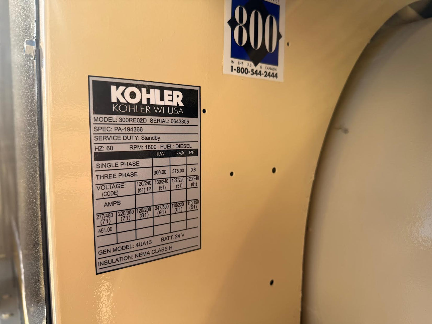 300KW Kohler 300REOZD Diesel Generator 3ph 277/480 '99 Tested