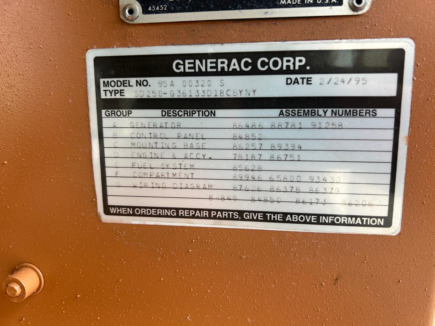 250KW Generac Diesel Generator 3PH '95 621hrs Tested