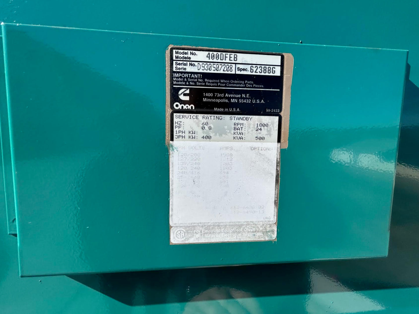 400KW Cummins KTA19G2 Diesel Generator 400DFEB 1137hrs TESTED