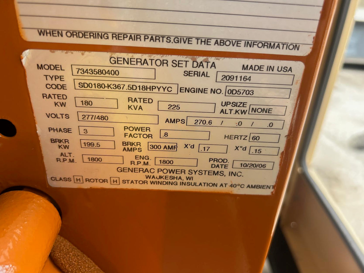180KW Generac Diesel Generator 277/480v '06 251hrs Tested