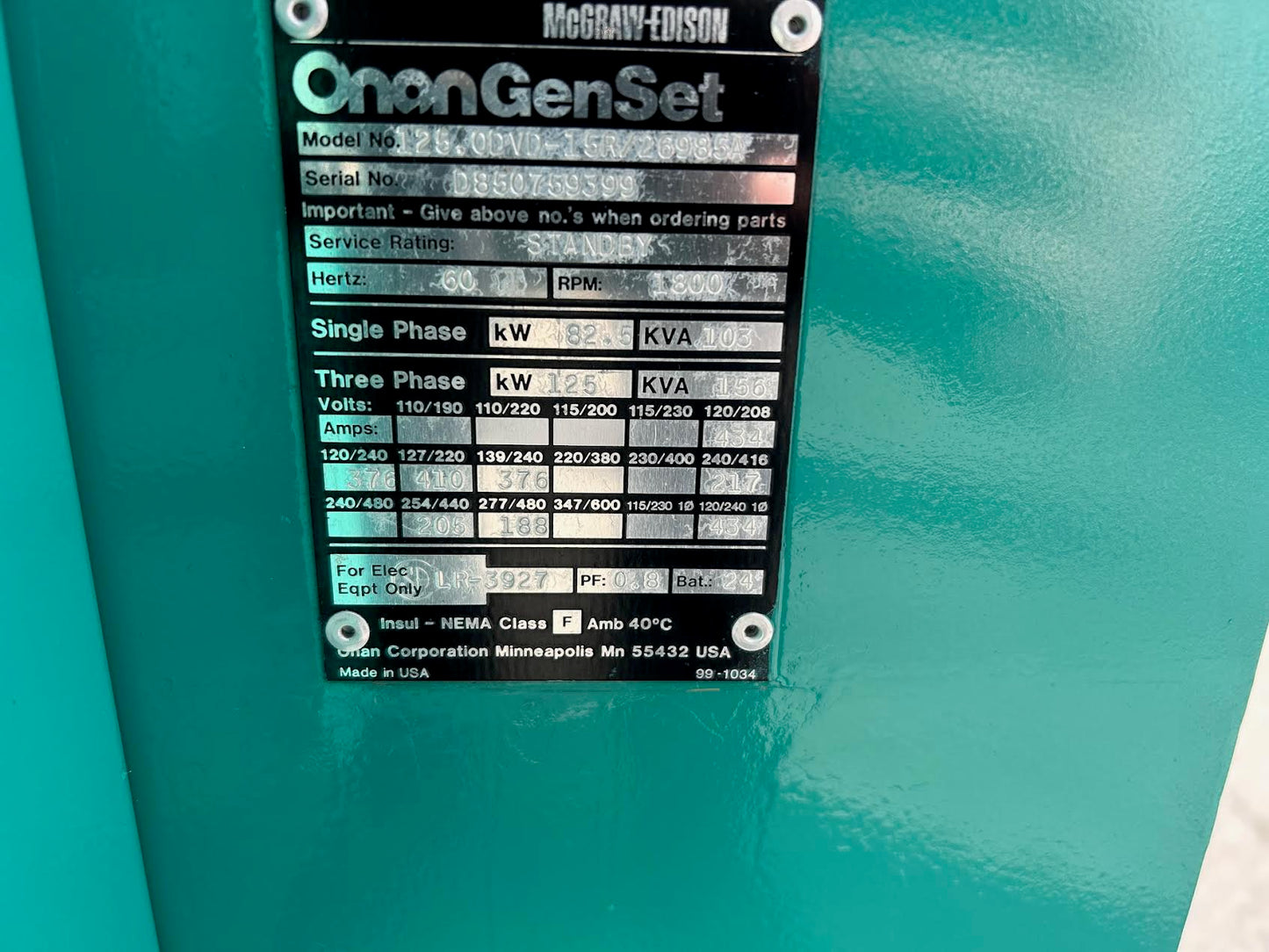 125KW Onan 125.0DVD-15R Onan Diesel Generator 3ph 120/208 1461hrs Load Tested