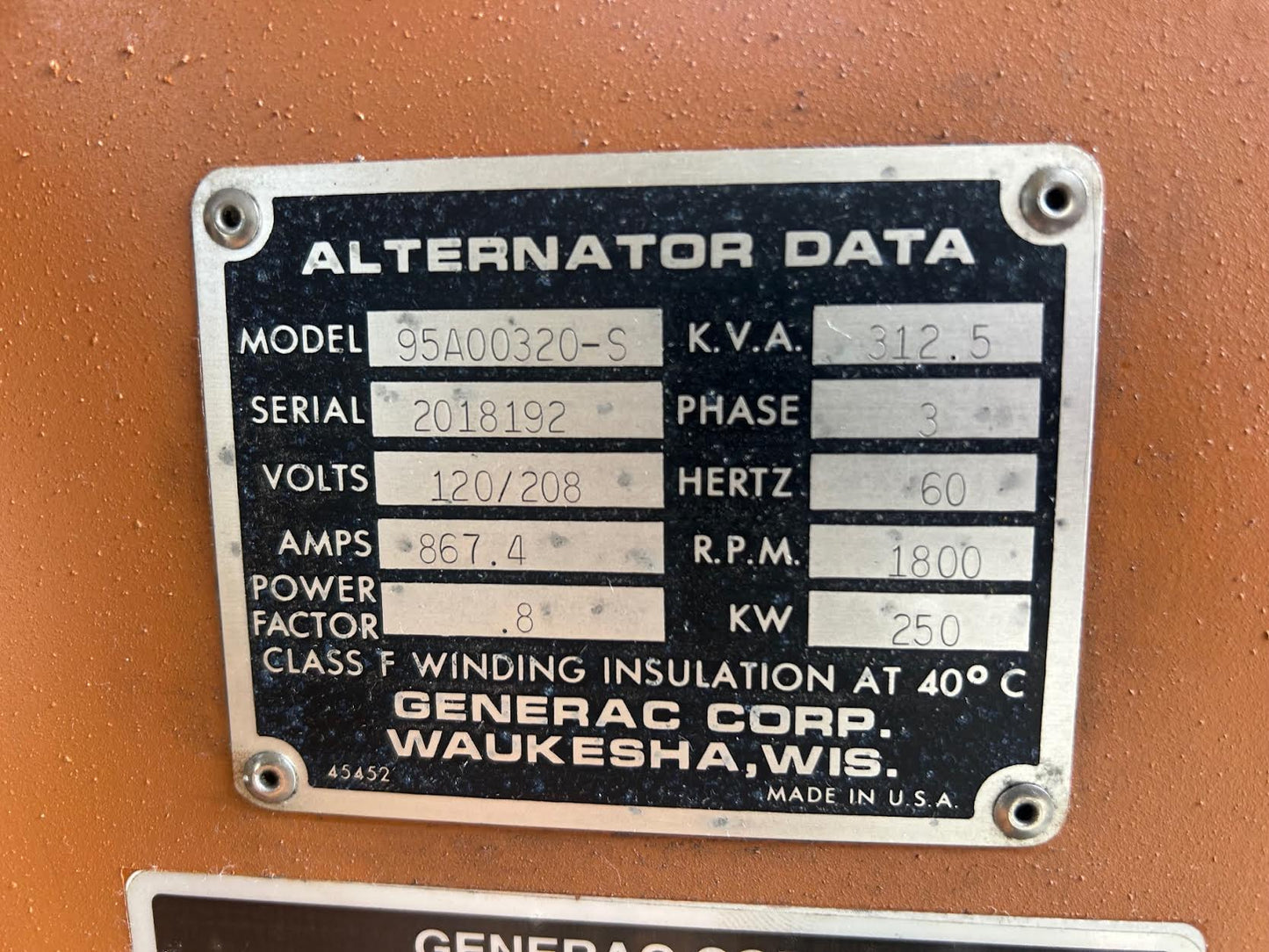 250KW Generac Diesel Generator 3PH '95 621hrs Tested