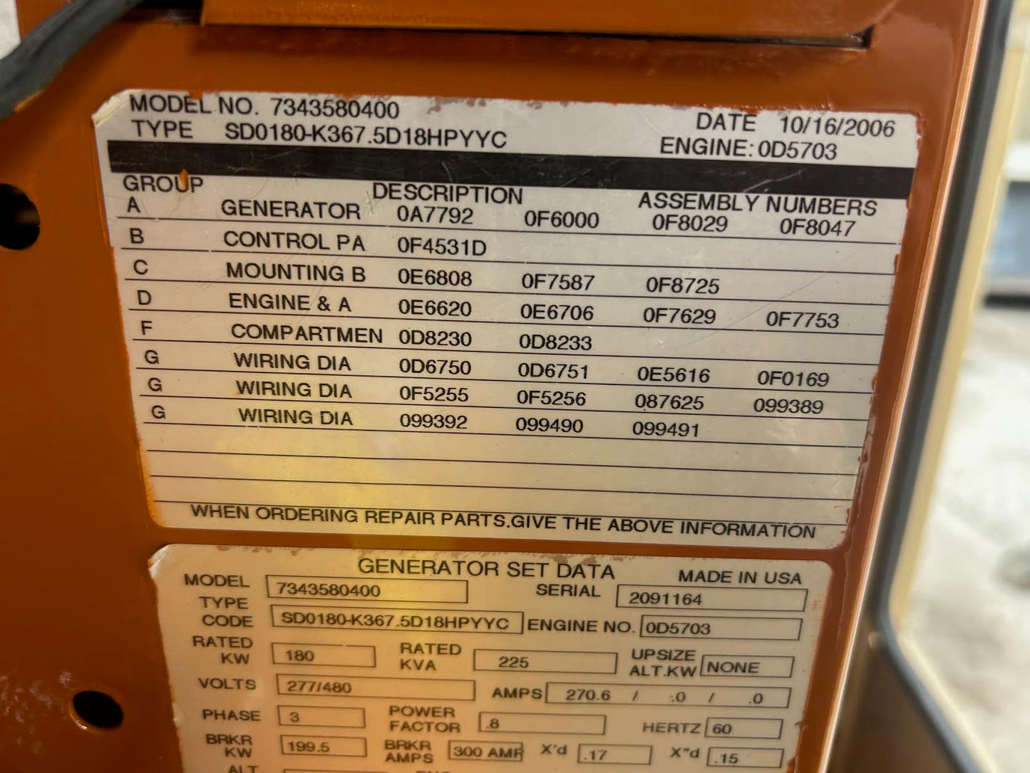 180KW Generac Diesel Generator 277/480v '06 251hrs Tested