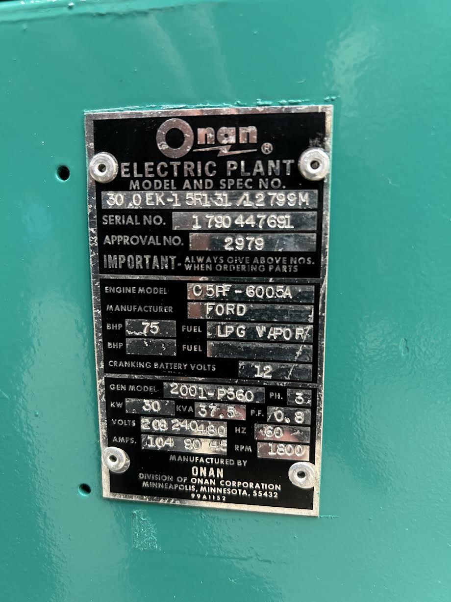 Onan 30kW Propane Generator 120/208V 3ph 827hrs Tested