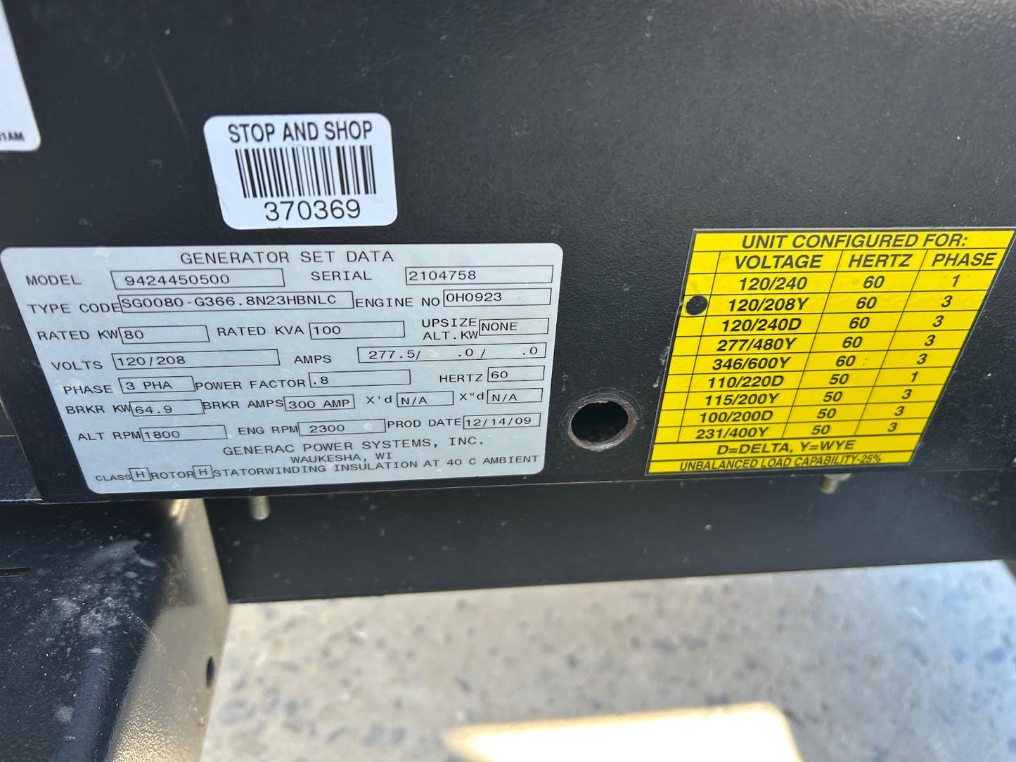 80KW Generac Nat Gas LP Generator Enclosed 3PH 398hrs Tested!