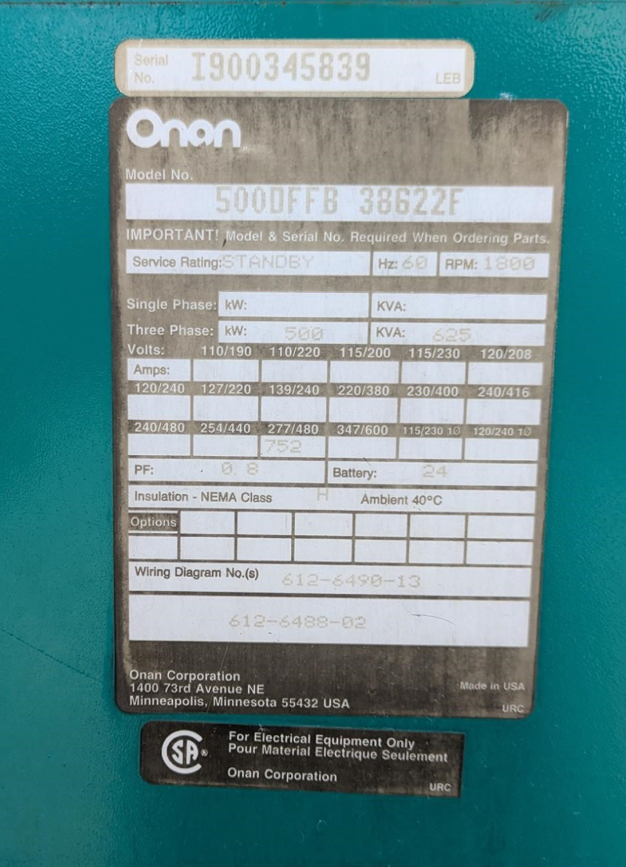 500KW Onan Cummins 500DFFB Diesel Generator 3ph 277/480 915hrs TESTED