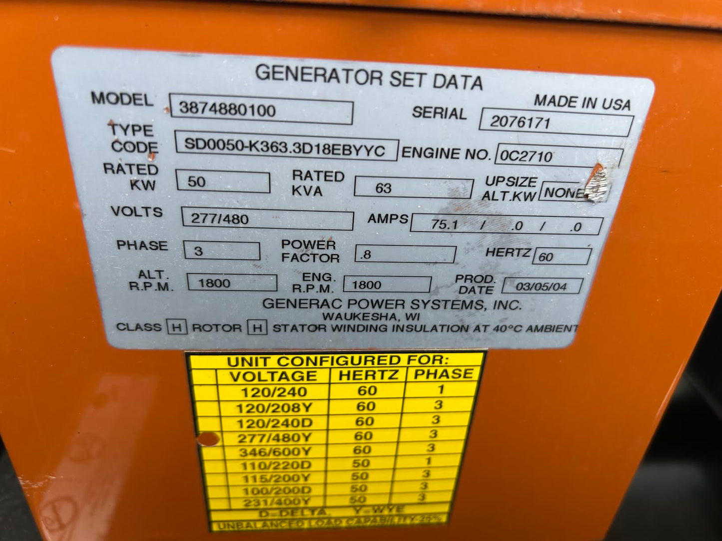 Generac 50kW Diesel Generator 3ph 277/480V Standby SD0050 163hrs Tested