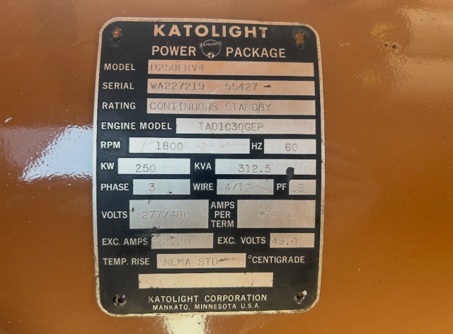 Katolight 250kW Diesel Generator Enclosed D250FRV4 Volvo Penta 533hrs TESTED