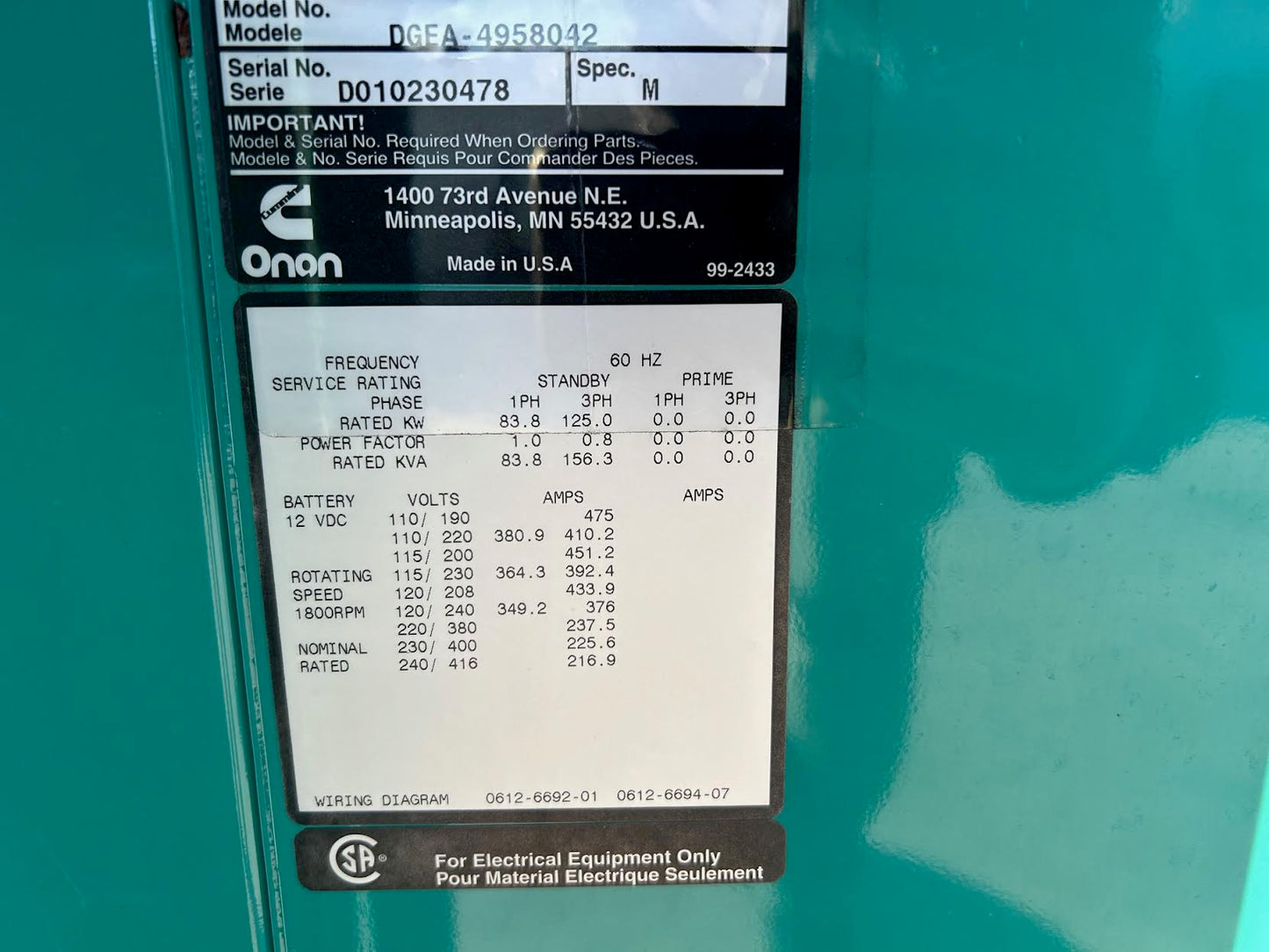 125KW Onan Cummins Diesel DGEA-4958042 12j0/208 3ph 1080hrs Enclosed TESTED