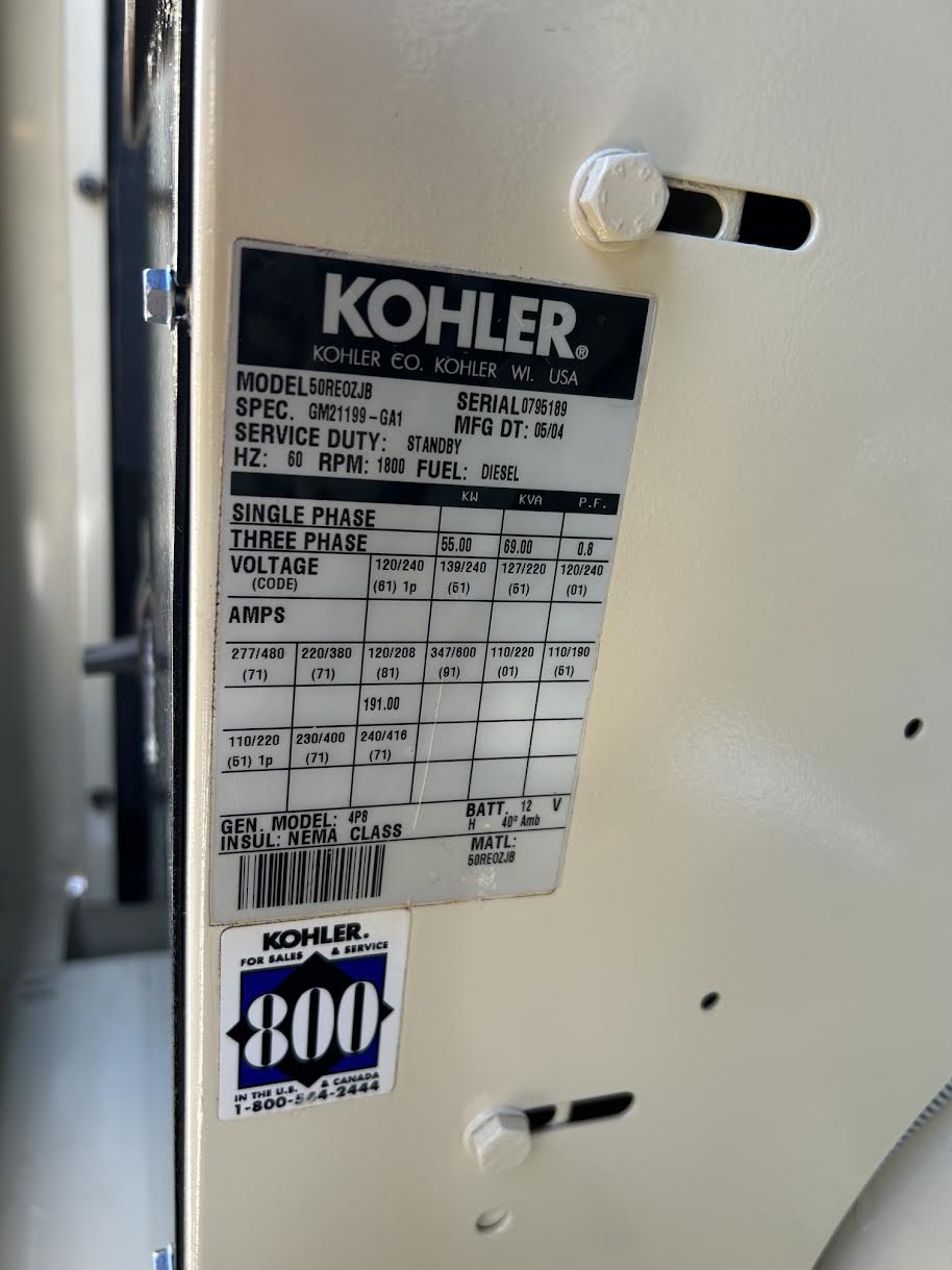 2004 Kohler 50REOZJB 55 kW Diesel Generator 120/208V 3PH Sound Attenuated 725Hr