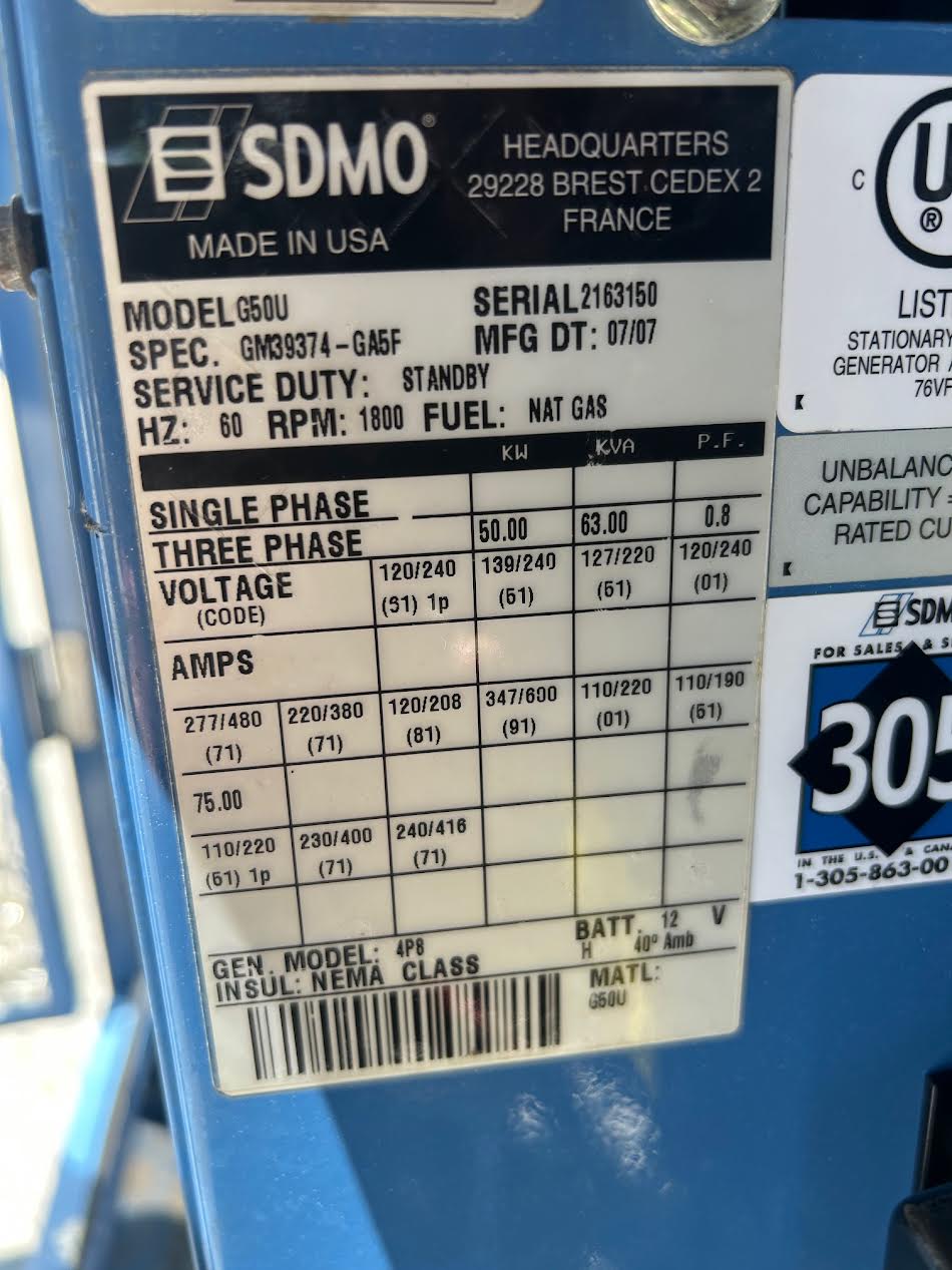 50KW SDMO Nat Gas LP Generator 1&3PH 1121Hrs '07 TESTED