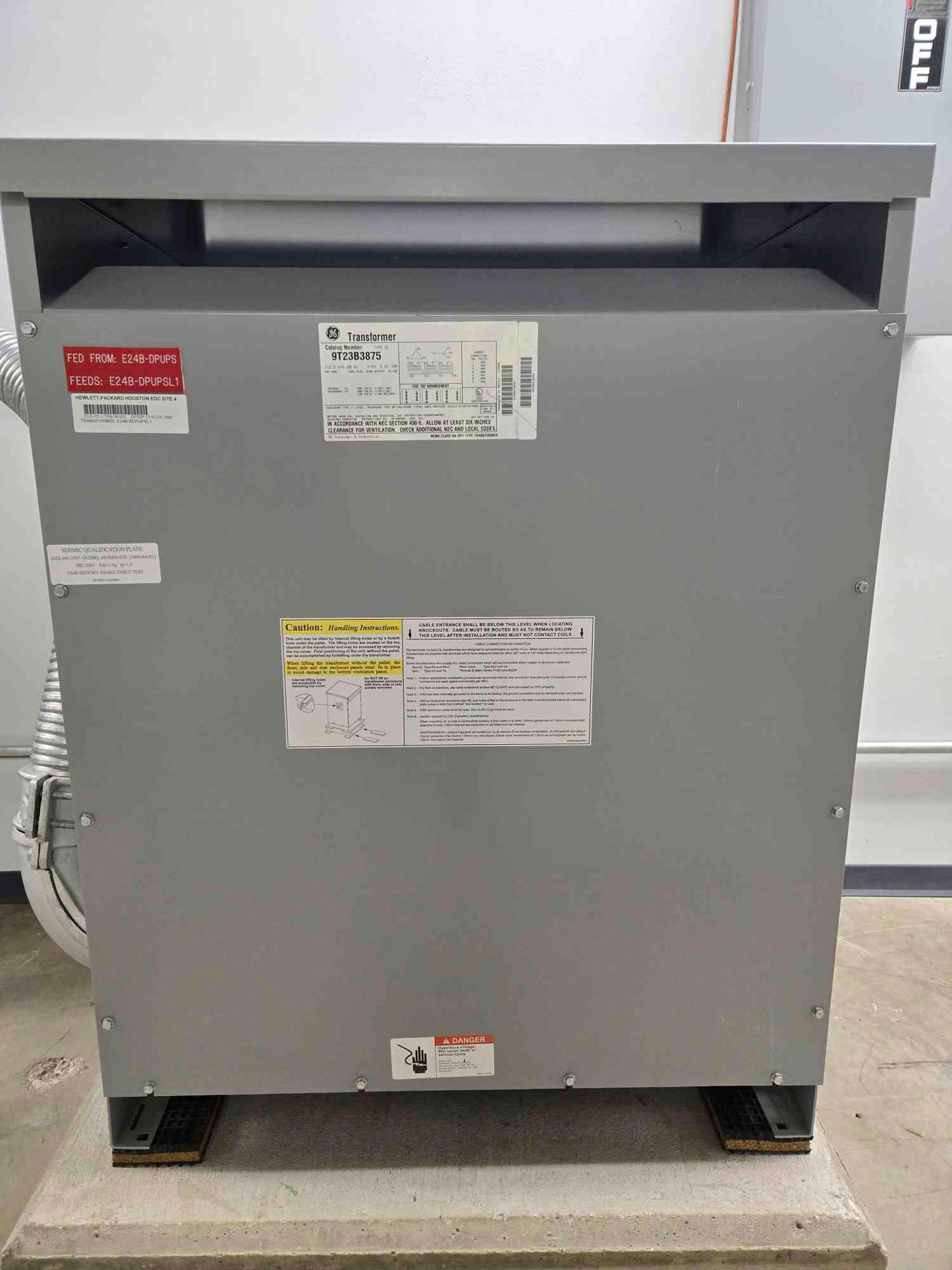 GE 9T23B3875 112.5 KVA Step Down Transformer 480V Primary 208/120V 3PH