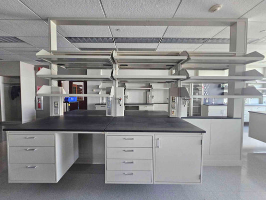 Hamilton Island Casework 12' Frame 8' Metal Benches Epoxy Tops & Shelves Lab Workstation (112858)