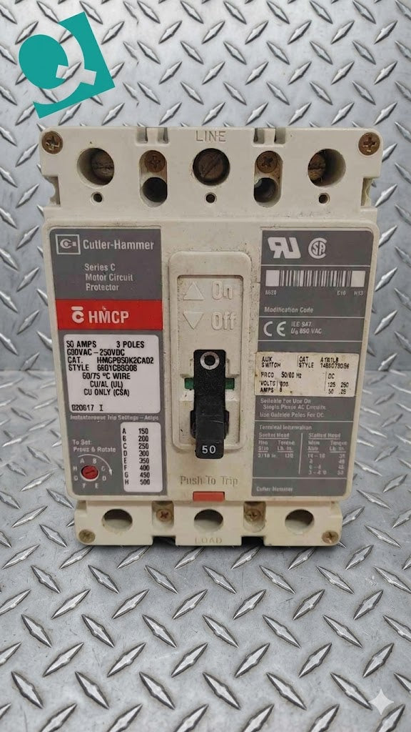 Cutler-Hammer Series C Motor Circuit Protector 50A 3 POLE 600V HMCP050K2CA02 (SKU: 110224)