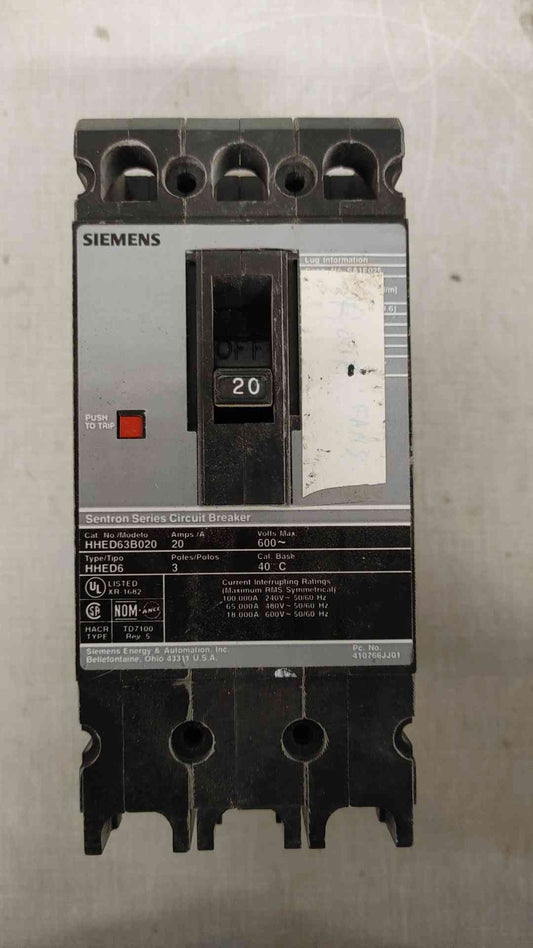 Siemens 20A 3 Pole Circuit Breaker 600VAC HHED63B020(104791)