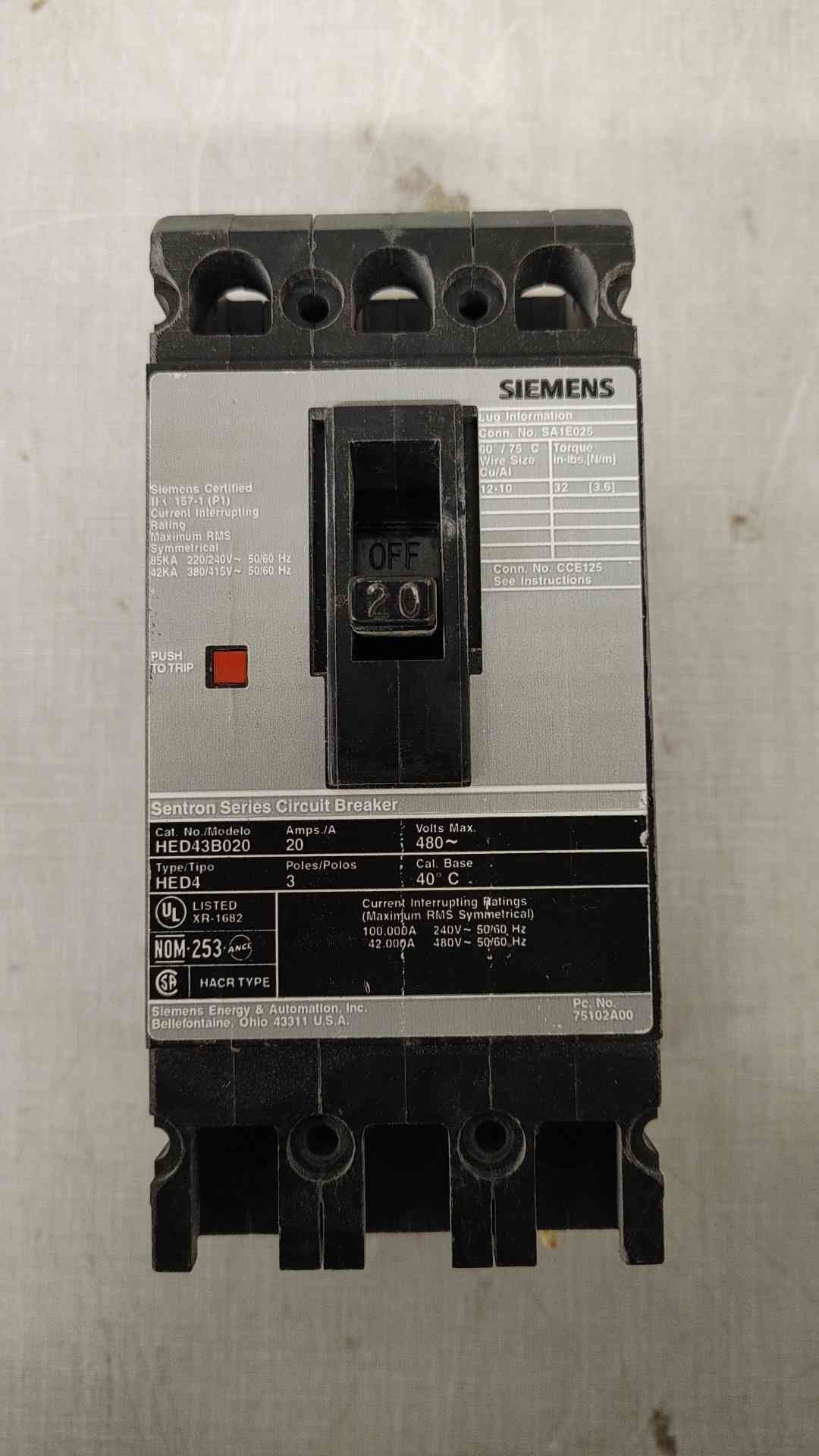 Siemens 20A 3 Pole Circuit Breaker 480VAC HHED43B020(104794)